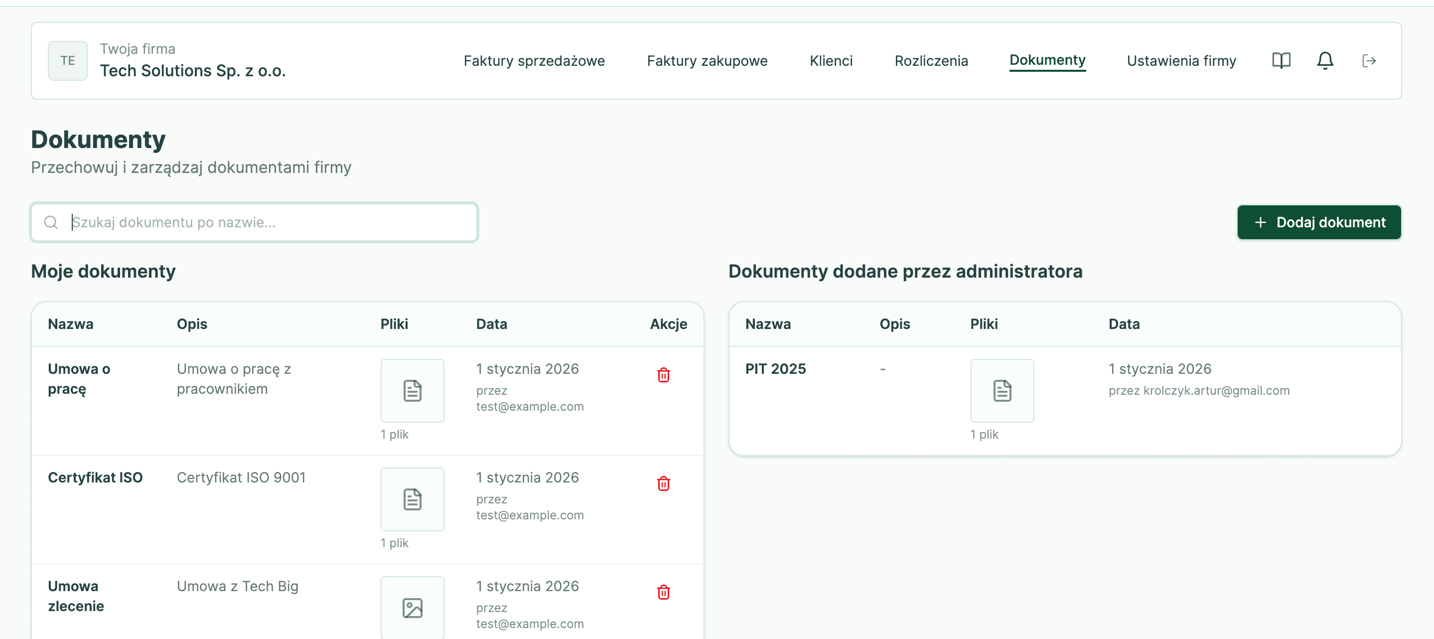 Skrzynka dokumentów: lista dokumentów z możliwością dodawania