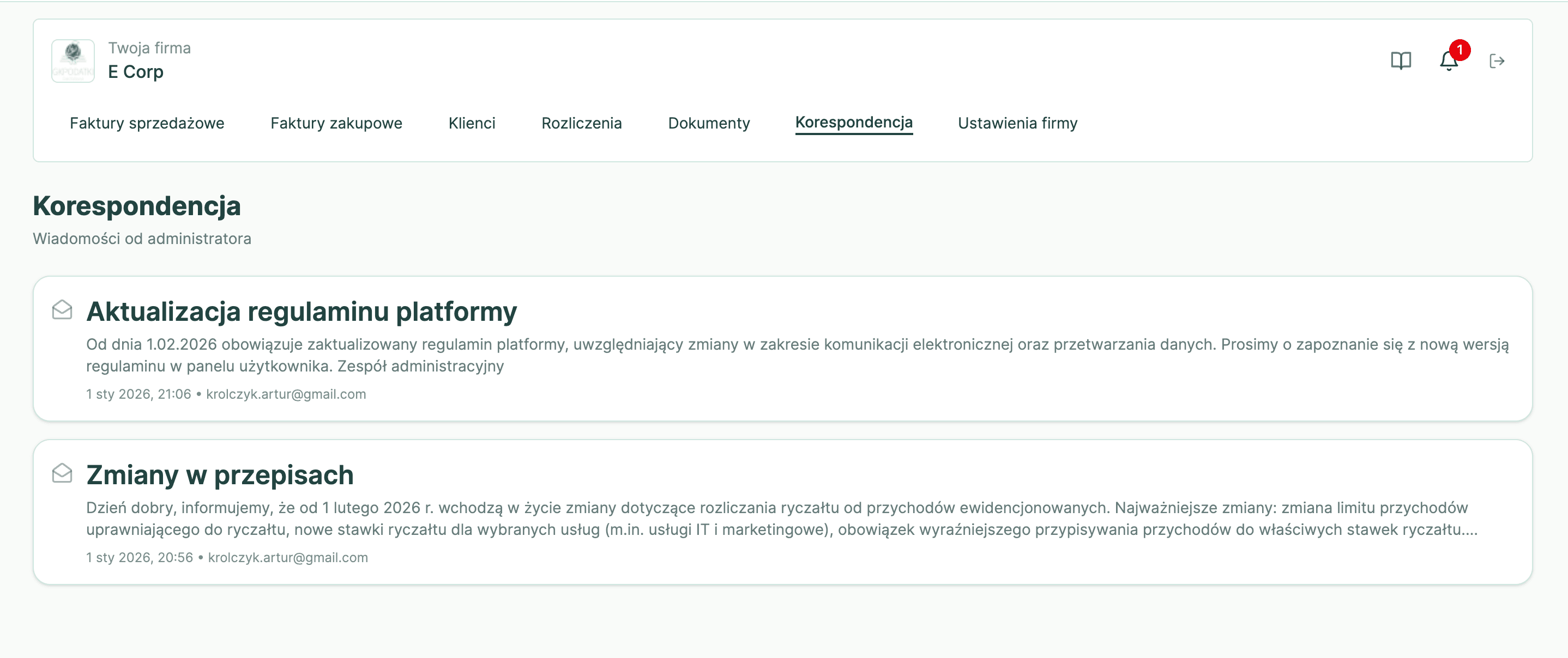 Korespondencja: wiadomości od biura księgowego